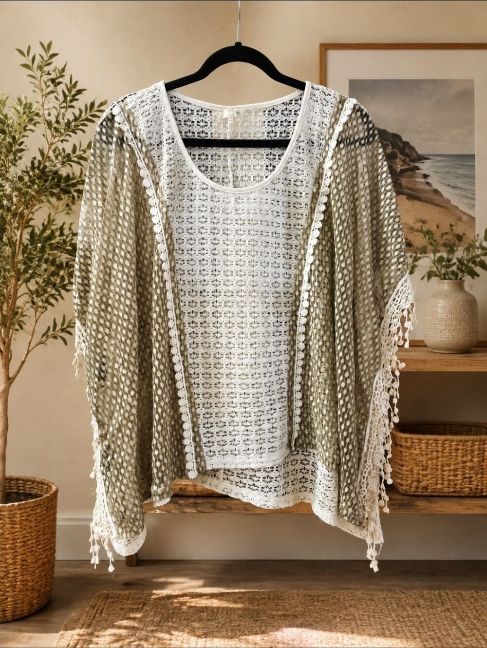 Crochet - Olive & White Boho Shirt
